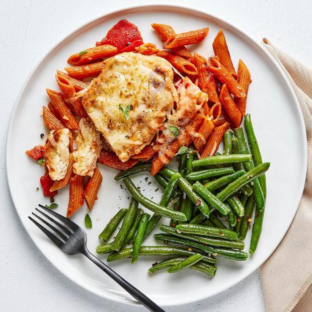 Vegan Chick'n Parm Dish with red lentil penne & green beans 