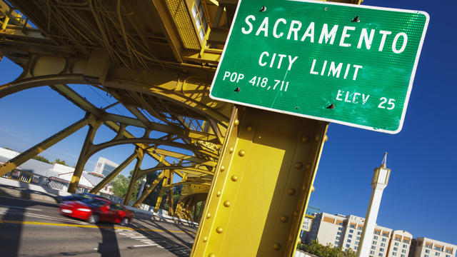 Sacramento city limit sign onTower Bridge 