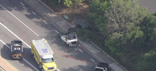 Photo of the suspect's overturned car after crashing into students near Westlake High School in Thousand Oaks, California, on Tuesday, April 18, 2023. 