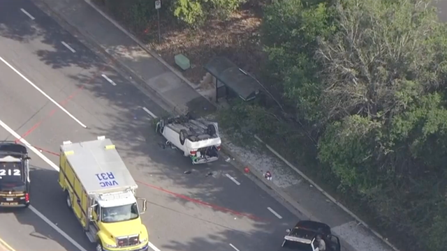 Photo of the suspect's overturned car after crashing into students near Westlake High School in Thousand Oaks, California, on Tuesday, April 18, 2023. 