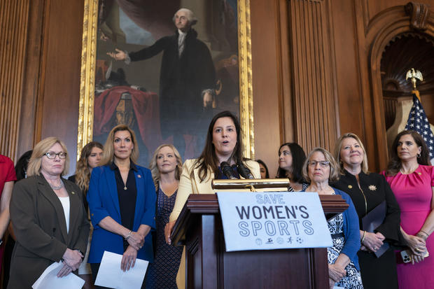 House Republican Conference Chair Elise Stefanik of New York speaks as GOP members hold an event before the vote to prohibit transgender women and girls from playing on sports teams that match their gender identity, at the Capitol on Thursday, April 20, 2 
