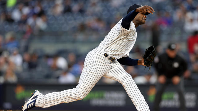 Domingo German #0 of the New York Yankees delivers a pitch in the first inning against the Toronto Blue Jays at Yankee Stadium on April 21, 2023 in the Bronx borough of New York City. 