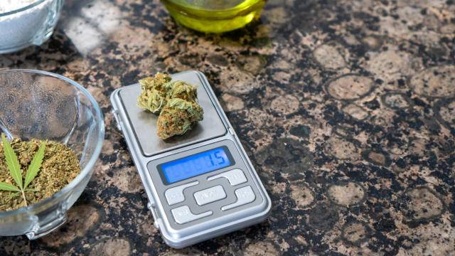 Cooking with cannabis: table with digital scale to calculate the dose of marijuana and ingredients. Copy space right. 