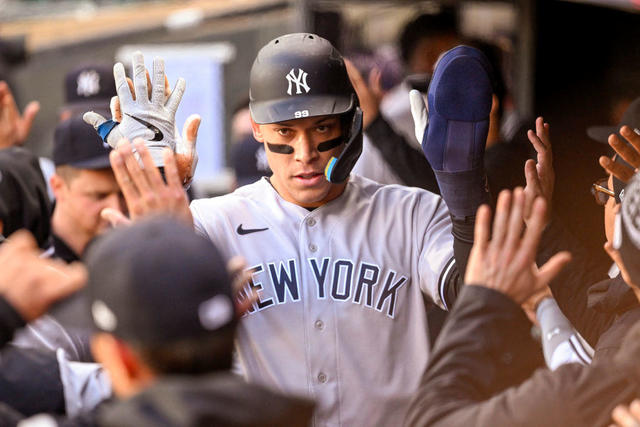 Aaron Judge of the New York Yankees watches from the dugout during News  Photo - Getty Images