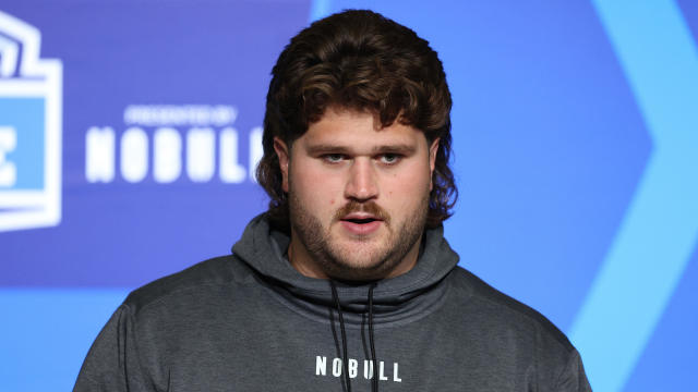 Offensive lineman Joe Tippmann of Wisconsin speaks to the media during the NFL Combine at Lucas Oil Stadium on March 04, 2023 in Indianapolis, Indiana. 