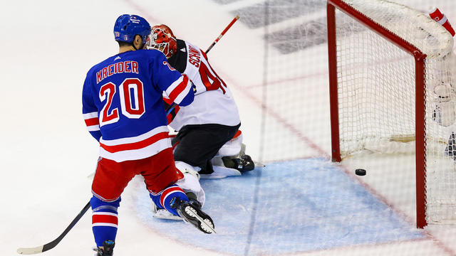 New York Rangers Left Wing Chris Kreider (20) scores a goal during the first period of Game 6 of the National Hockey League Eastern Conference First Round between the New Jersey Devils and the New York Rangers on April 29, 2023 at Madison Square Garden in 