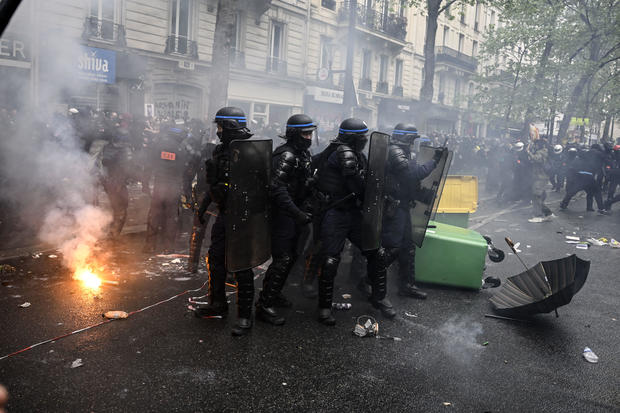Police attend protests during Labor and Solidarity Day on May 1, 2023 in Paris, France