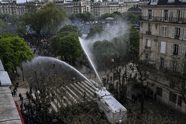 Police attend protests during Labor and Solidarity Day on May 1, 2023 in Paris, France. 