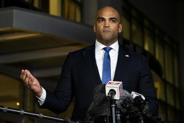 Rep. Colin Allred speaks to reporters on Jan. 17, 2022, in Southlake, Texas.  