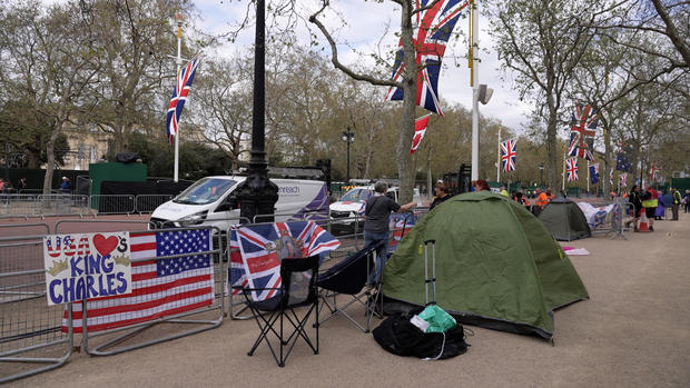 Connecticut resident and royal family superfan Donna Werner's camping spot on the edge of London's St. James' Park, just outside Buckingham Palace on The Mall, is seen on May 2, 2023