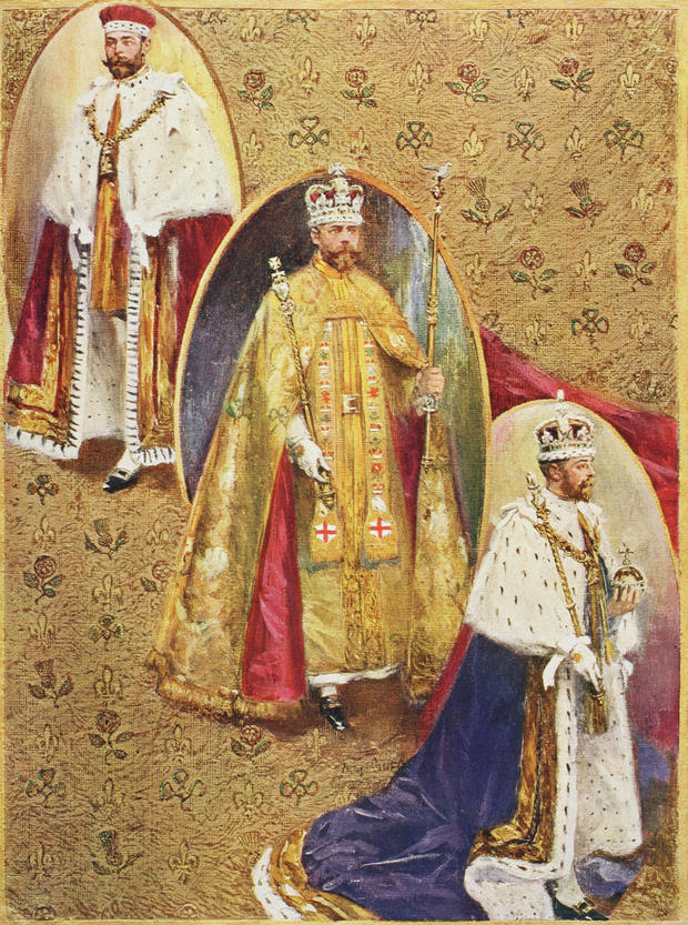 King George V in the three robes worn at the Coronation ceremony in Westminster Abbey 