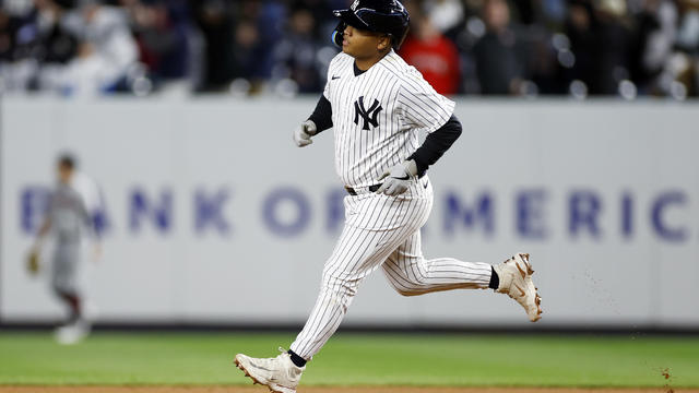 Willie Calhoun #24 of the New York Yankees rounds the bases after hitting a solo home run during the seventh inning against the Cleveland Guardians at Yankee Stadium on May 02, 2023 in the Bronx borough of New York City. 