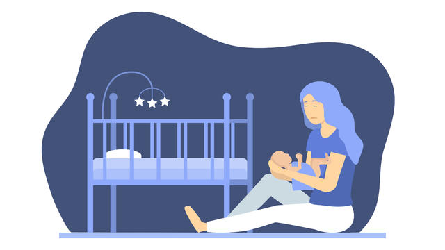 Cartoon Depressed Woman with Newborn Concept Characters People. Vector 