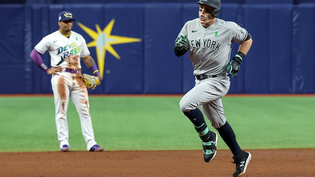 Harrison Bader #22 of the New York Yankees rounds the bases on his three-run home run against the Tampa Bay Rays during the sixth inning of a baseball game at Tropicana Field on May 5, 2023 in St. Petersburg, Florida. 