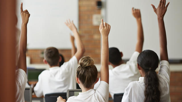 School students with raised hands, back view 
