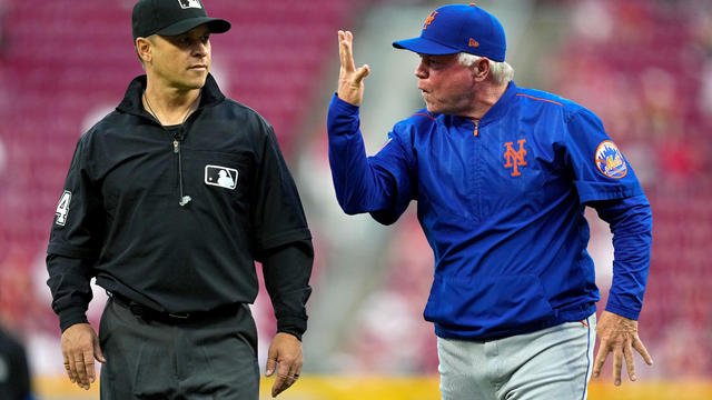 Manager Buck Showalter of the New York Mets argues with umpire Mark Wegner after being ejected in the fifth inning against the Cincinnati Reds at Great American Ball Park on May 09, 2023 in Cincinnati, Ohio. 