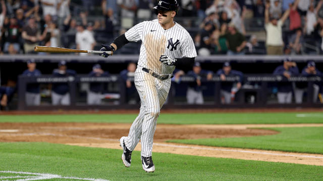 Anthony Rizzo #48 of the New York Yankees celebrates his two run home run in the bottom of the eighth inning against the Tampa Bay Rays at Yankee Stadium on May 12, 2023 in Bronx borough of New York City. 