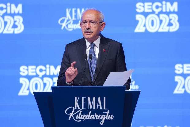 Kemal Kilicdaroglu, the 74-year-old leader of the center-left, pro-secular Republican People's Party (CHP), speaks at the party's headquarters in Ankara, Turkey, May 14, 2023