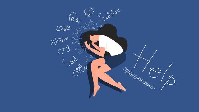 Depressed girl on a blue background with text. depressive disorder, and depression. flat design. 