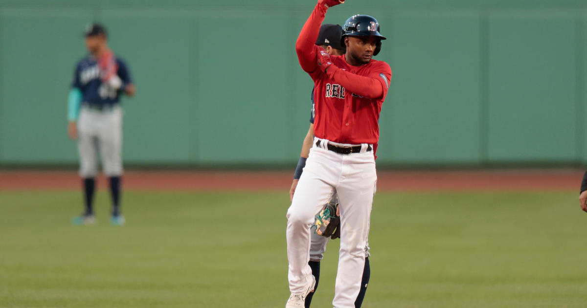 Pablo Reyes of the Boston Red Sox walks off of the field after a
