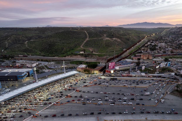 An aerial view of the San Ysidro port of entry at the U.S.-Mexico border is seen from Tijuana, Mexico, on January 9, 2023.
