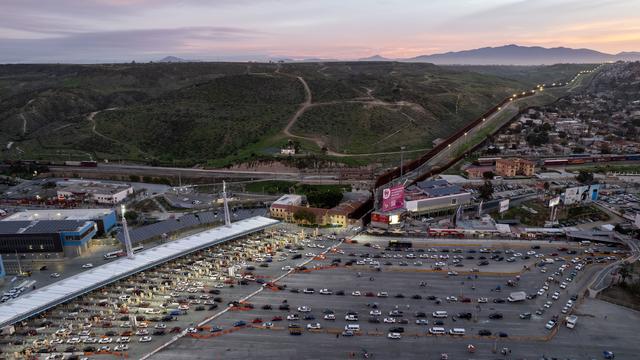An aerial view of the San Ysidro port of entry at the U.S.-Mexico border is seen from Tijuana, Mexico, on January 9, 2023. 