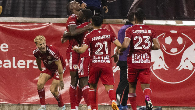 New York Red Bulls players celebrate after a goal against CF Montreal during an MLS soccer match Saturday, May 20, 2023, in Harrison, N.J. 