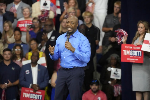 GOP Sen. Tim Scott of South Carolina announces his presidential campaign at his alma mater, Charleston Southern University, on Monday, May 22, 2023, in North Charleston.