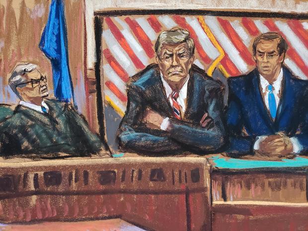 Court sketch of Donald Trump appearing on a video screen at a hearing 