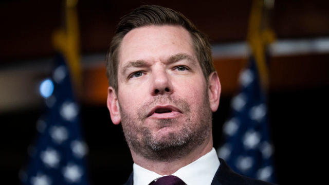 Rep. Eric Swalwell conducts a news conference in the Capitol Visitor Center on Wednesday, Jan. 25, 2023. 