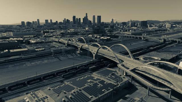 Aerial view of new 6th State Bridge leads from East LA to downtown Los Angeles, CA. 