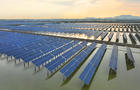 Rows of solar panels over water 