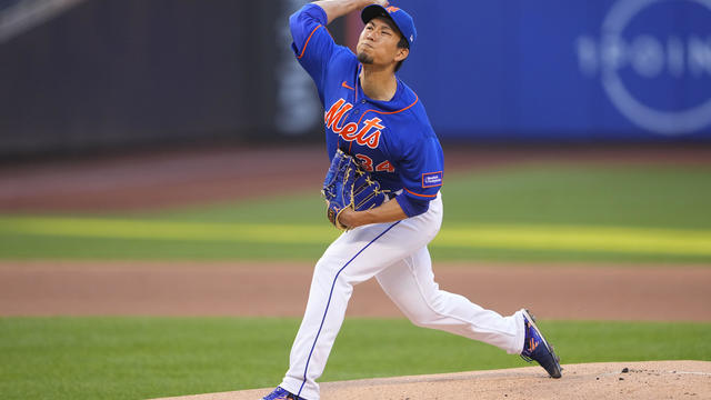 New York Mets Pitcher Kodai Senga (34) delivers a pitch during the first inning of the Major League Baseball game between the Philadelphia Phillies and New York Mets on May 30, 2023, at Citi Field in Flushing, NY. 