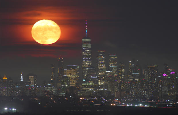 Strawberry Moon Rises Over Lower Manhattan in New York City 