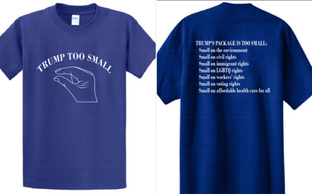 The t-shirt included in Steve Elster's application for a trademark of "Trump too small" with the U.S. Patent and Trademark Office. 
