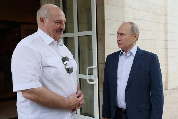 Russian President Vladimir Putin, right, and Belarusian President Alexander Lukashenko speak during a meeting at the Bocharov Ruchei residence in Sochi, Russia, June 9, 2023