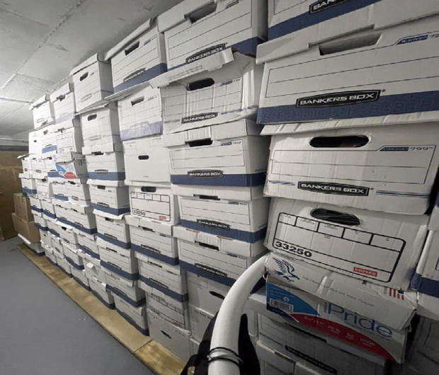 This image, contained in the indictment against former President Donald Trump, shows boxes of records in a storage room at Trump's Mar-a-Lago estate in Palm Beach, Florida, that were photographed on Nov. 12, 2021. 