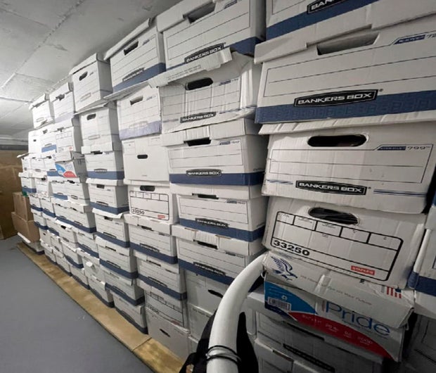 This image, contained in the indictment against former President Donald Trump, shows boxes of records in a storage room at Trump's Mar-a-Lago estate in Palm Beach, Florida, that were photographed on Nov. 12, 2021.