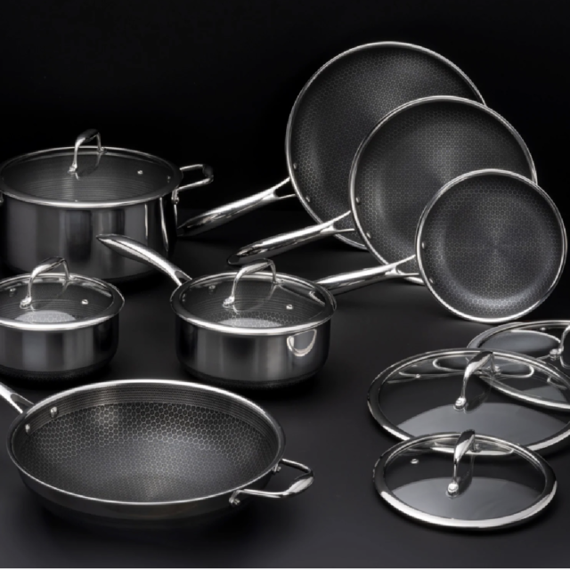HexClad 12 Piece Hybrid Stainless Steel Cookware Set - 6 Piece Frying Pan  Set and 6 Piece Pot Set with Lids, Stay Cool Handles, Dishwasher Safe