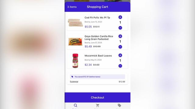 A screenshot of the app Flashfood shows grocery items in a shopping cart being offered a discounted prices. 