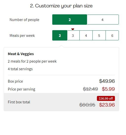 Screencap of the plan sizes offered by HelloFresh, including number of people (two to four) and meals per week (two to six). Box price, price per serving, and total price is also listed (note the signup savings!)