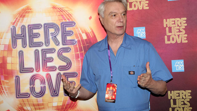 David Byrne speaks at a meet & greet for the upcoming Broadway musical "Here Lies Love" at Rehearsal Room at The Church of St. Paul the Apostle on May 9, 2023 in New York City. 