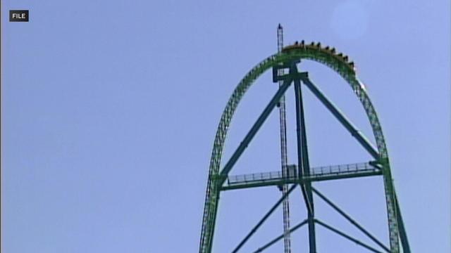 Roller coaster cars reach the peak of a hill on the Kingda Ka at Six Flags Great Adventure 