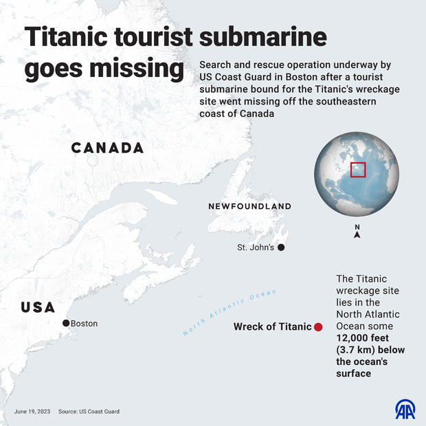 Map - location where Titanic tourist submarine went missing 