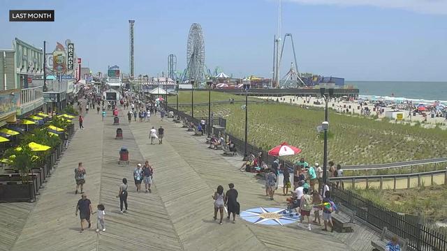 A view of the Seaside Heights boardwalk, beach and pier 