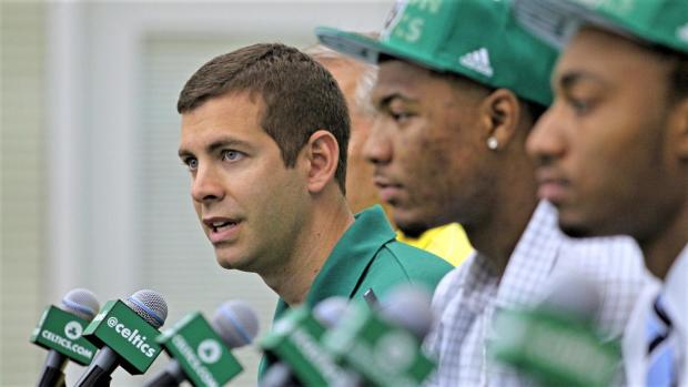 Brad Stevens speaks during the introduction of Marcus Smart 