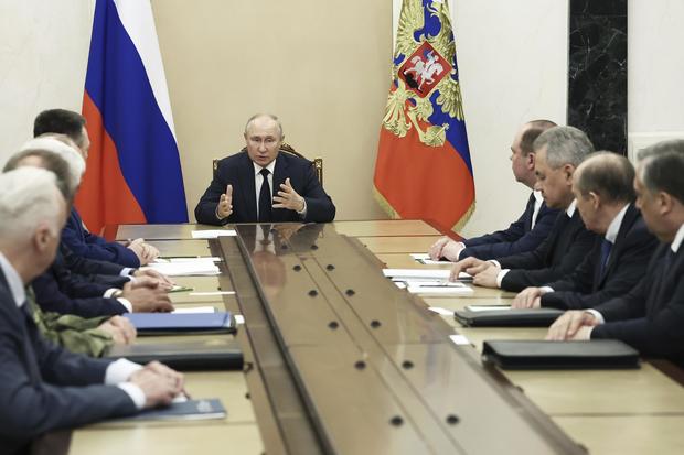 Russian President Vladimir Putin chairs a meeting with the heads of Russian law enforcement agencies at the Kremlin in Moscow, Russia, Monday, June 26, 2023. 