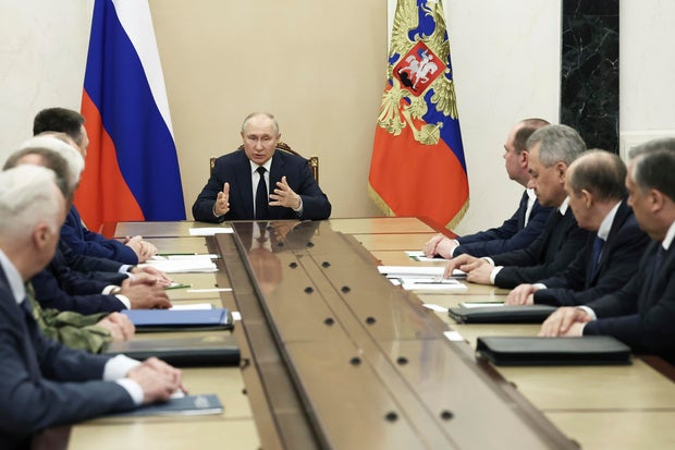 Russian President Vladimir Putin chairs a meeting with the heads of Russian law enforcement agencies at the Kremlin in Moscow, Russia, Monday, June 26, 2023.