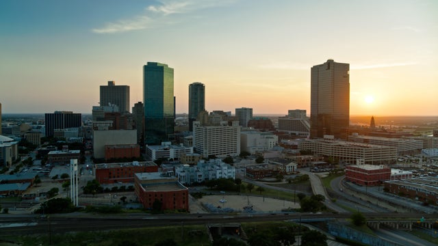 Sun Setting Behind Fort Worth Skyline - Aerial