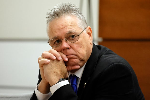 Scot Peterson, a former Marjory Stoneman Douglas High School school resource officer, is seen at the defense table during closing arguments in his trial at the Broward County Courthouse in Fort Lauderdale, Florida, on June 26, 2023.